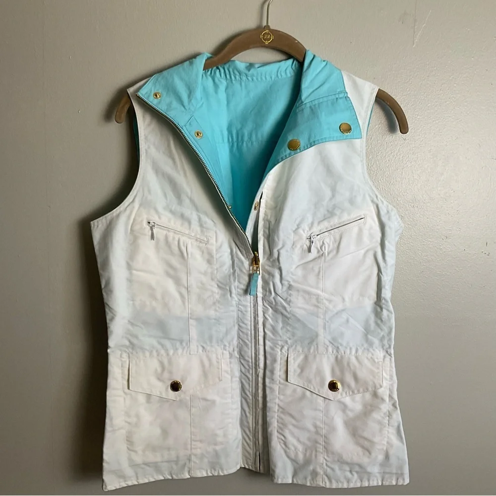 Ralph Lauren Reversible Vest Ivory Aqua Blue Gold Hardware Size Medium - Picture 2 of 15